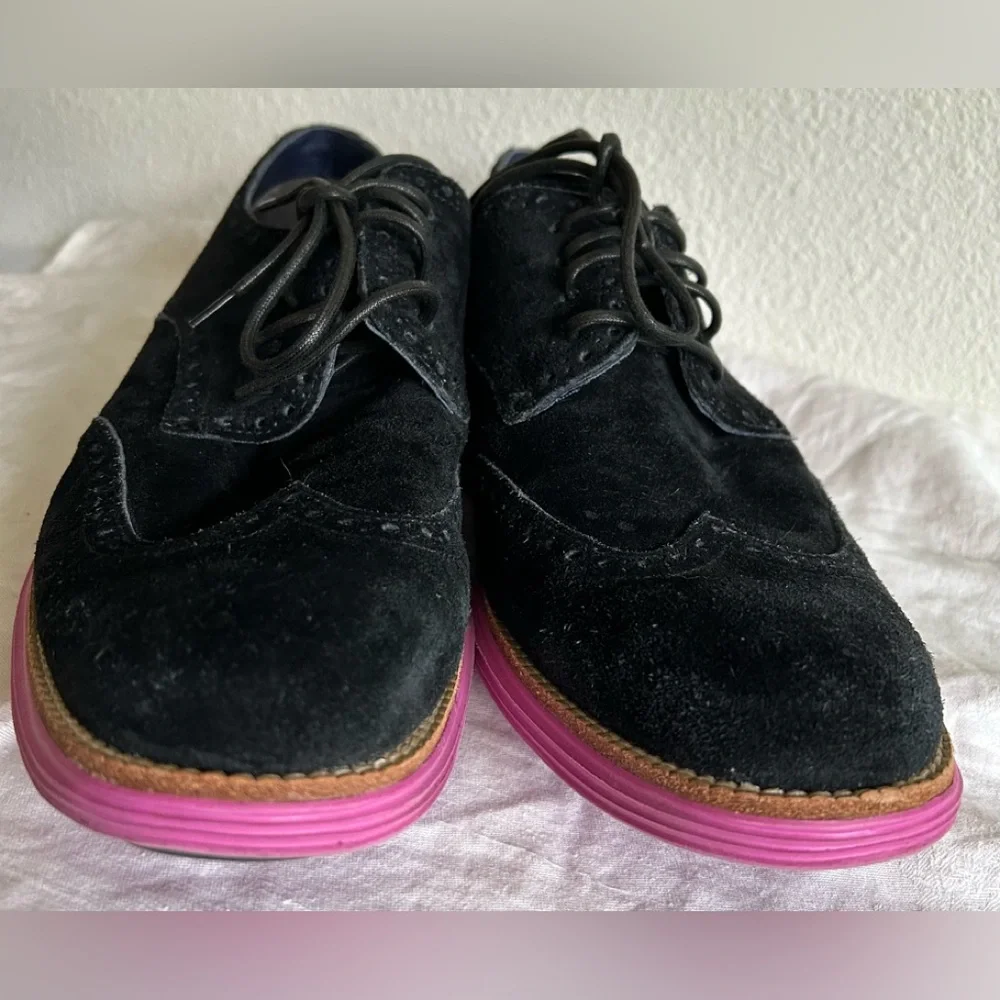 COLE HAAN Mens Lunargrand Pink Black Genuine Leather Suede Wingtip Shoes Sz 11.5 - Picture 2 of 8